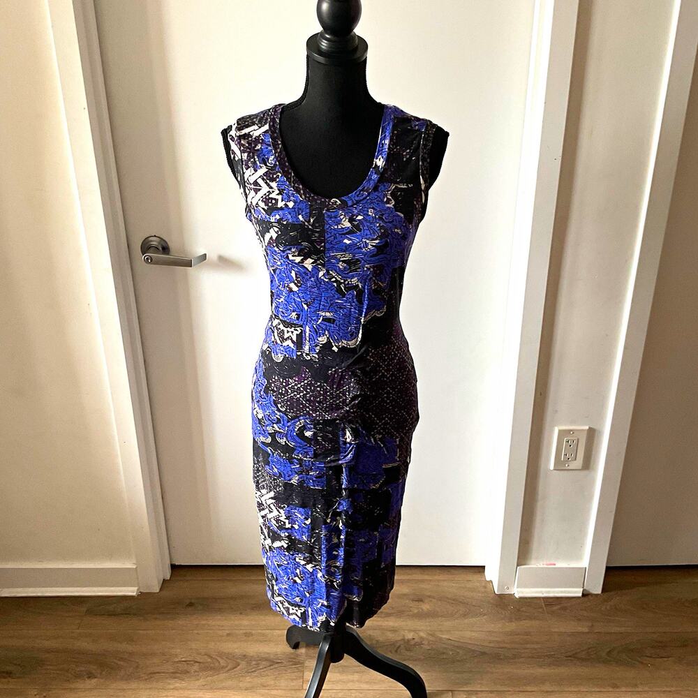 Artelier Nicole Miller Abstract Blue Black White Sheath Dress Sleeveless L